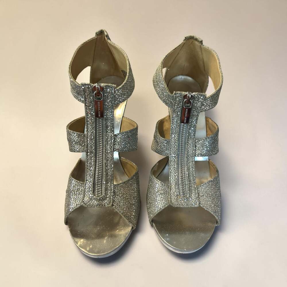 Michael Kors Women's Silver Glitter Zip-Front Platform Stiletto Heels